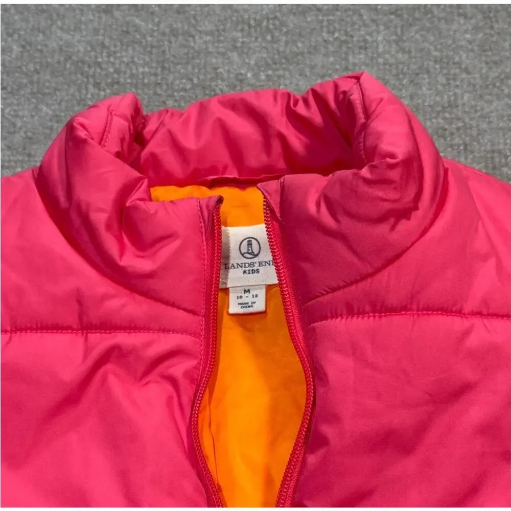 Land's End Kids Pink and Orange Zip Up Puffer Vest - Kids Medium (10-12)